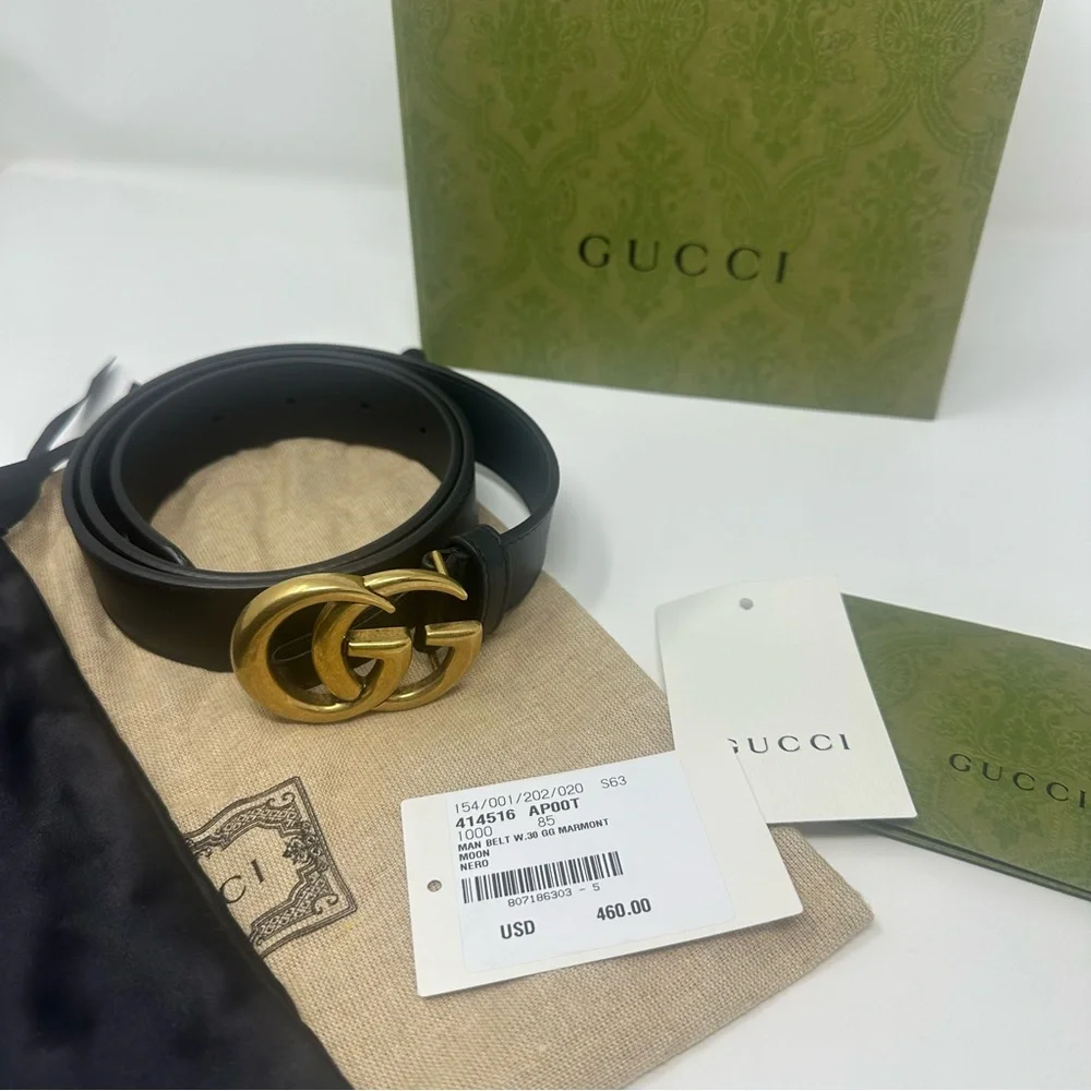 Gucci Unisex Black Belt with Gold GG Marmont Buckle